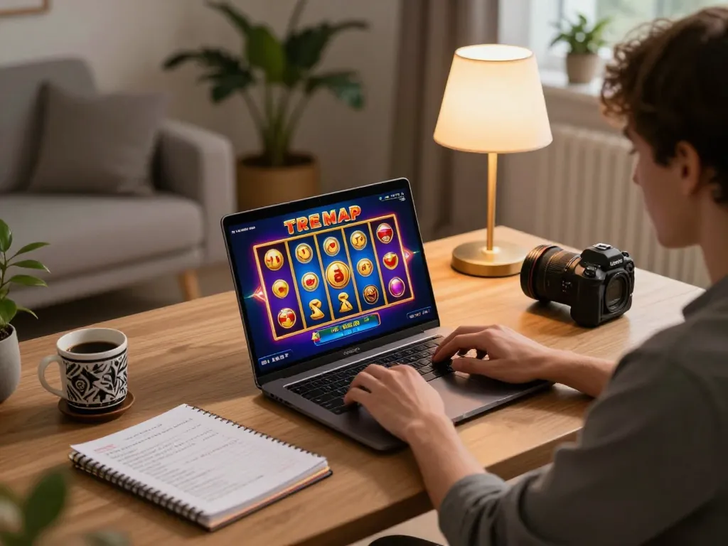 Player engaging with slot games at https://net88.wtf/ on a sleek laptop in a modern home setup