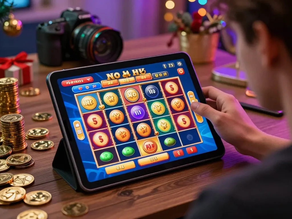 No Hu player engaged in an exciting online slot game, showcasing vibrant graphics and winning rewards in a cozy atmosphere.