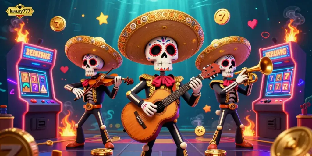 Engage in casino adventures with luxury777 featuring cartoon mariachi band and vibrant gaming elements.