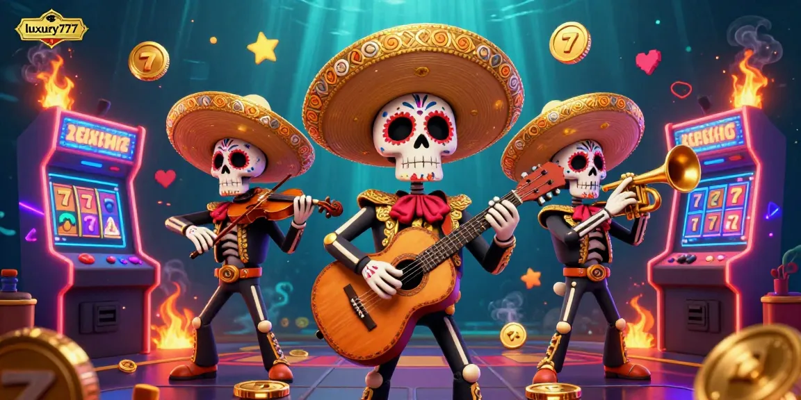 Engage in casino adventures with luxury777 featuring cartoon mariachi band and vibrant gaming elements.