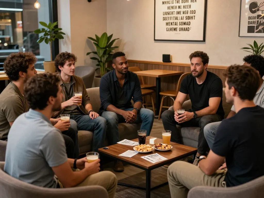 Men at a man club gathering sharing stories and support in a cozy lounge setting.