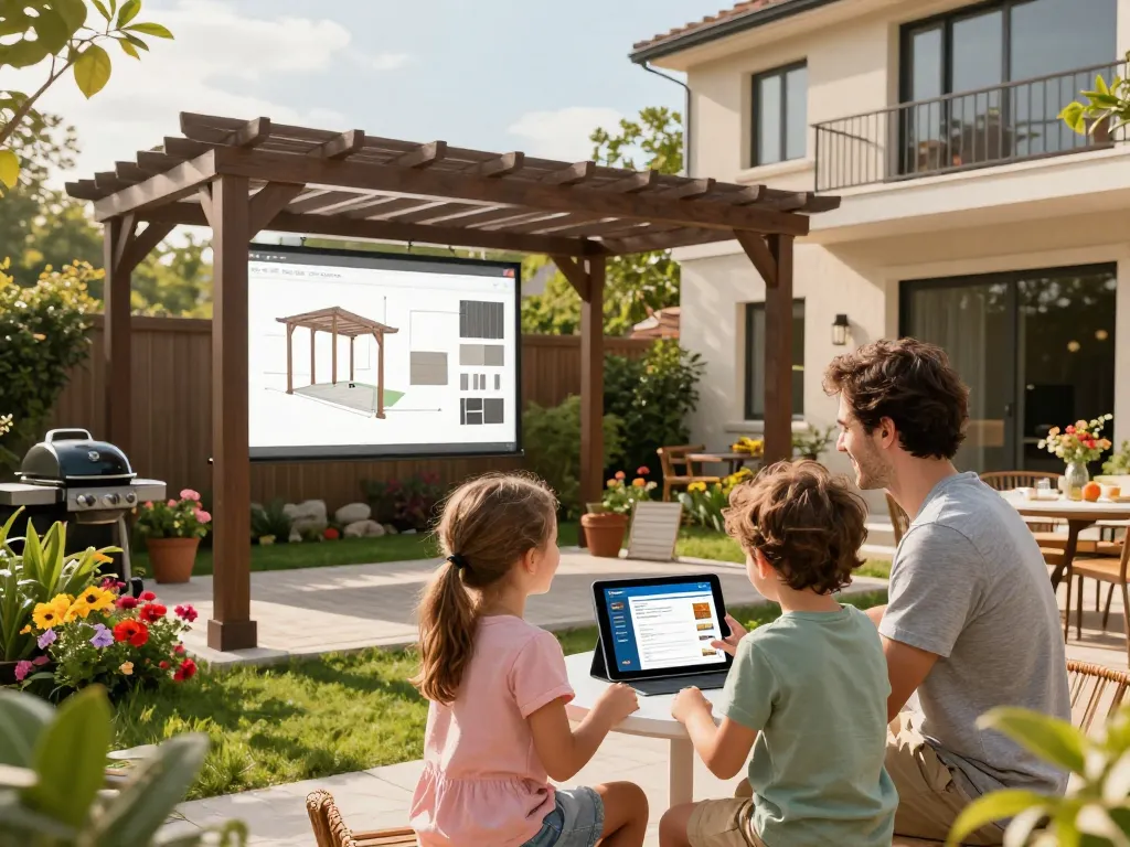 Configuratore pergola online tool in use as a family designs their dream pergola in a sunny backyard.
