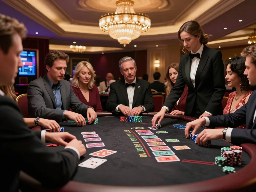 This live blackjack setting at https://da88.navy/ highlights players placing strategic bets in an upscale casino.
