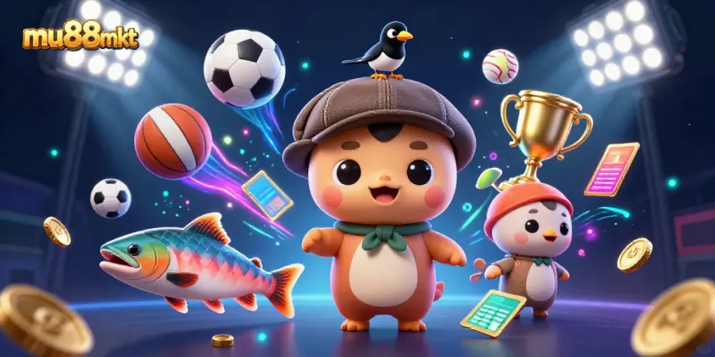 Engage with the world of mu88mkt through a vibrant 3D cartoon scene with playful gaming elements.