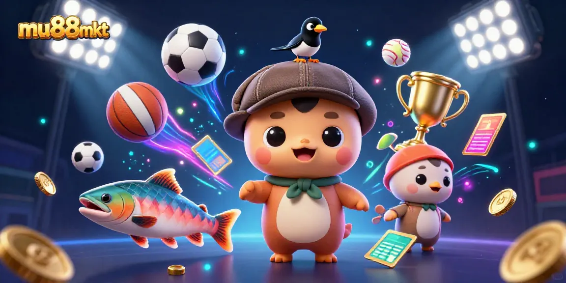 Engage with the world of mu88mkt through a vibrant 3D cartoon scene with playful gaming elements.