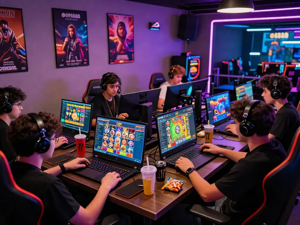 Exciting rokok88 slot gaming scene with players enjoying vibrant digital gameplay in a lively atmosphere.