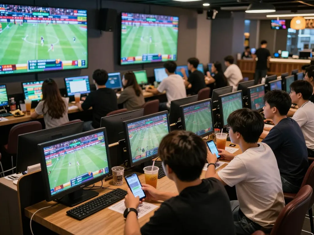 Soi keo nha cai while fans enthusiastically engage in sports betting at a lively lounge with multiple screens.