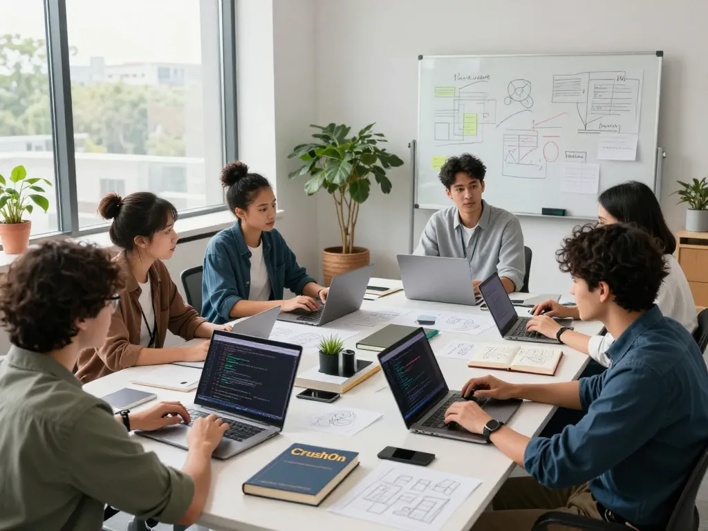 Team of developers collaborating on CrushOn AI project in a modern tech workspace.