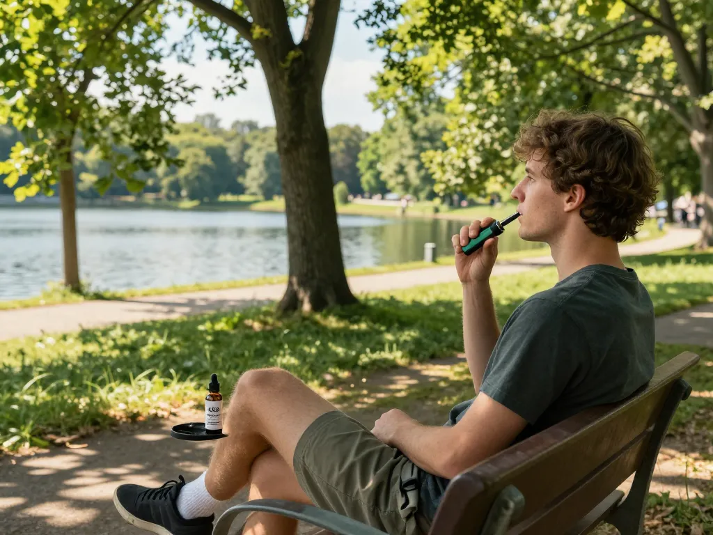 Thc vapes Italia presentati in un ambiente esterno sereno con olio di CBD per il benessere naturale.