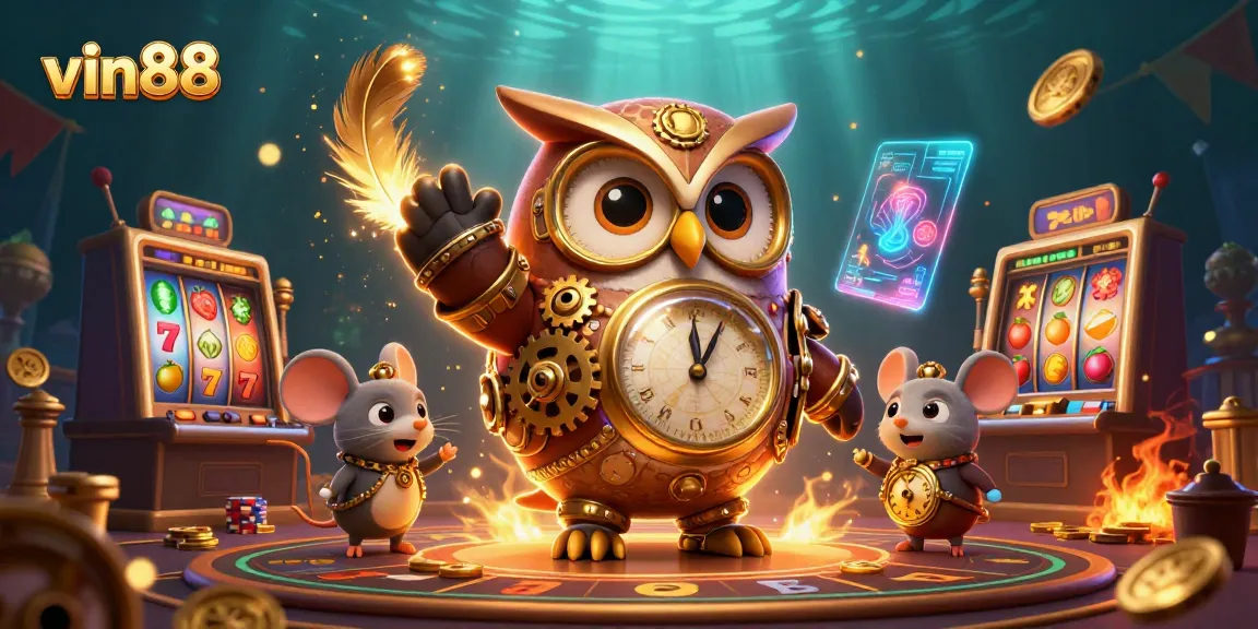 Spin the reels at vin88 with an exciting 3D scene featuring a time-traveling owl and slot machines.