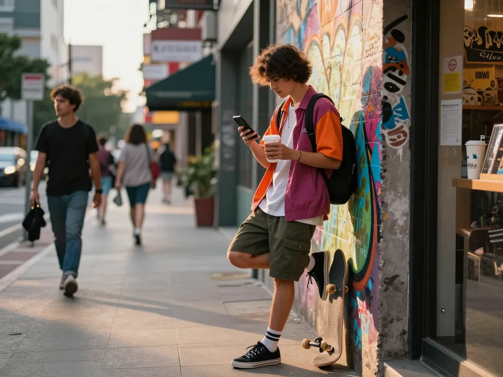 Youth engaging with Go 99 promo in vibrant urban setting while sipping coffee