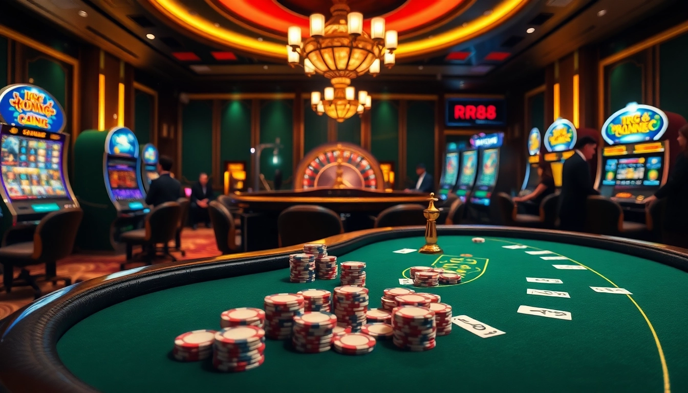 Engaging scene of players at RR88 casino tables, featuring poker chips and a roulette wheel.