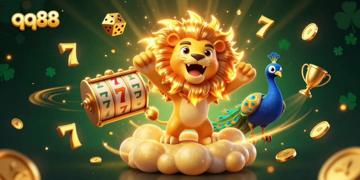 Join the thrilling qq88 experience with vibrant slot symbols and a roaring sun lion in a dynamic casino atmosphere.