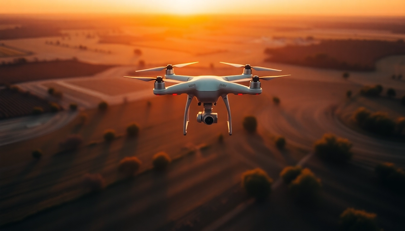 Mappatura con drone di un paesaggio rurale in una splendida luce del tramonto.