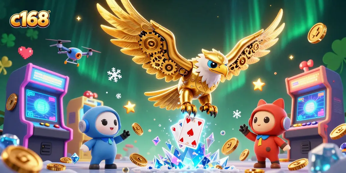 Experience thrilling gameplay at c168 with a cybernetic eagle diving through holographic cards, enhancing your gaming adventure.