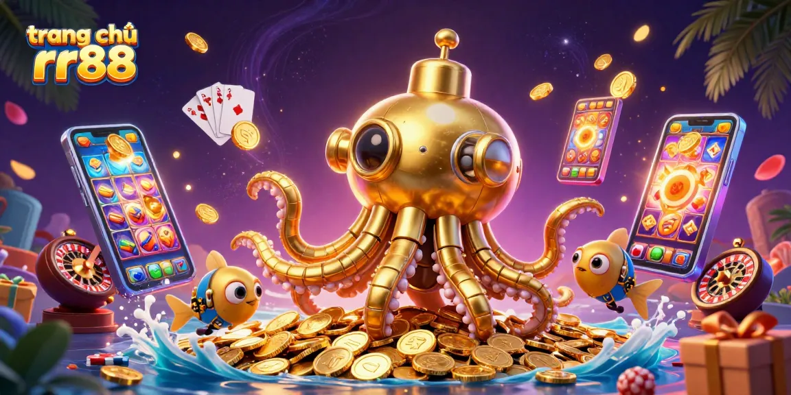 Experience thrilling gameplay at trang chủ rr88 with a vibrant illustration of a golden kraken submarine and gaming elements.