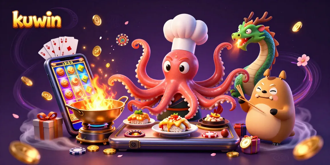 Kuwin engaging players with an exciting 3D gaming experience featuring an octopus chef, dragon, and dynamic slot game elements.