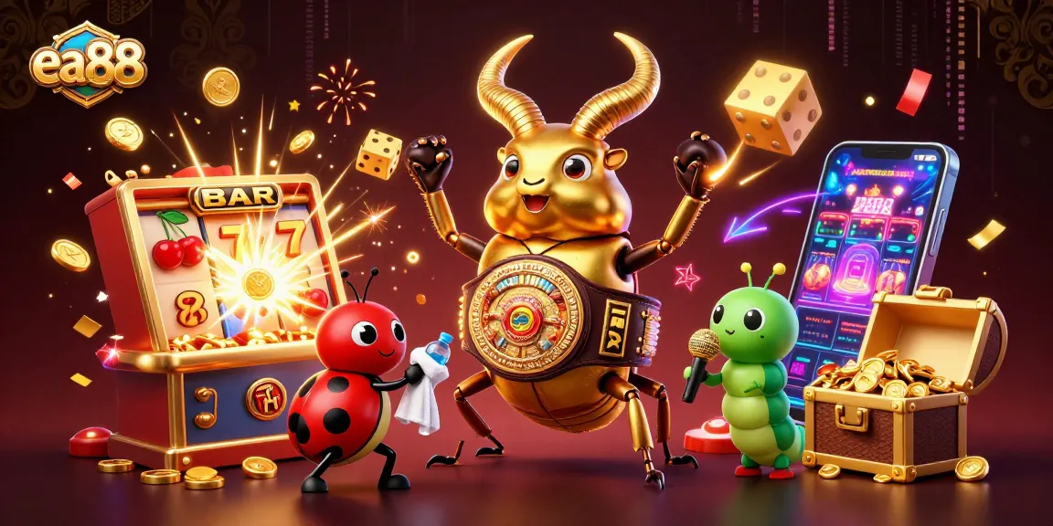 Spin the reels with ea88 in a vibrant casino scene featuring a golden stag beetle champion.