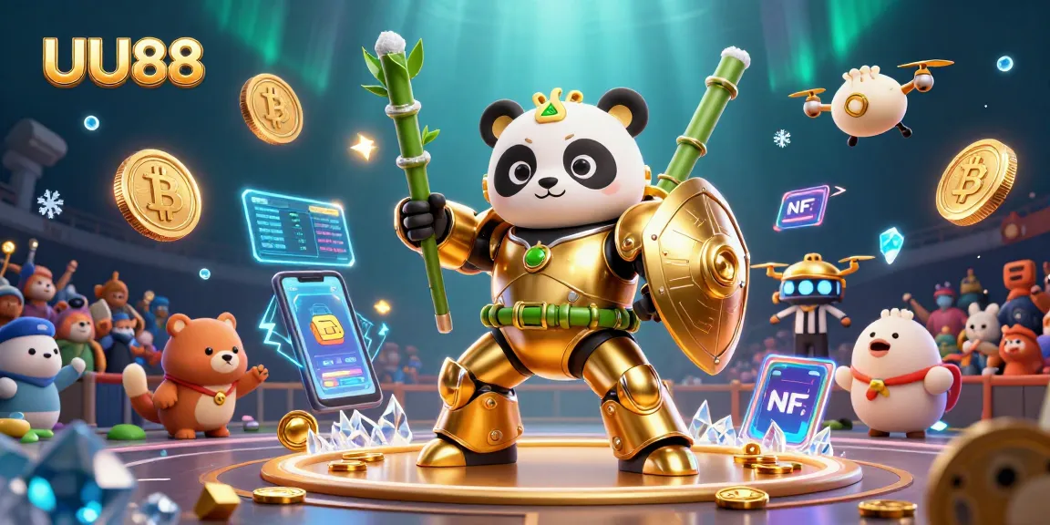 Engage with UU88 in a vibrant 3D cartoon scene showcasing a golden panda robot in a lively casino setting.