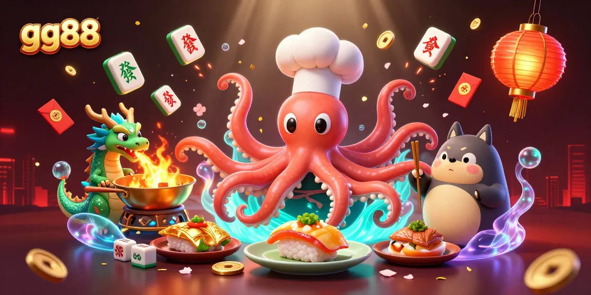 Engage with gg88’s vibrant casino experience featuring a sushi chef octopus, a fire-breathing dragon, and lucky symbols.