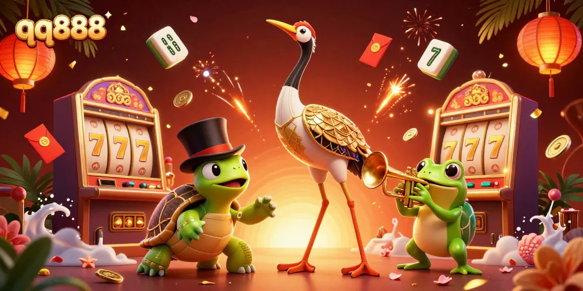 Join the thrilling action at qq888 casino with colorful characters and slot machines lighting up the scene.
