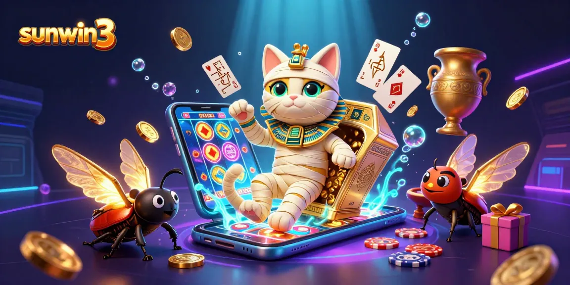 Experience exciting gaming adventures at sunwin3 with a mummy cat and glowing scarab in a vibrant casino.