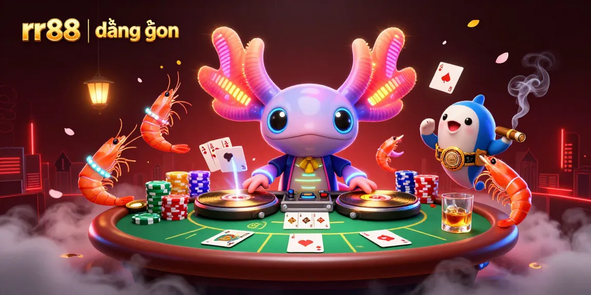 Experience the excitement of rr88 | đăng nhập with a neon axolotl DJ spinning tracks at a vibrant poker scene.