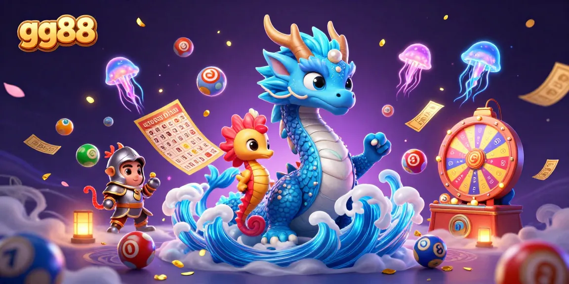 Experience the excitement of gg88 with a vibrant 3D casino scene featuring colorful lottery elements.