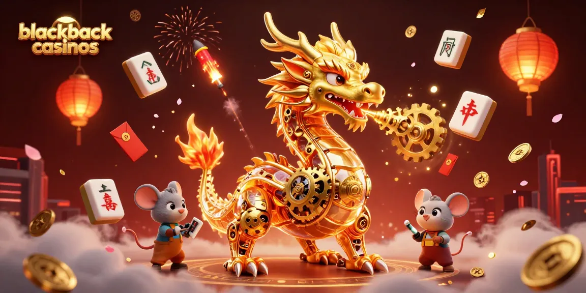 Experience vibrant action at blackjack casinos with a golden dragon and magical elements.