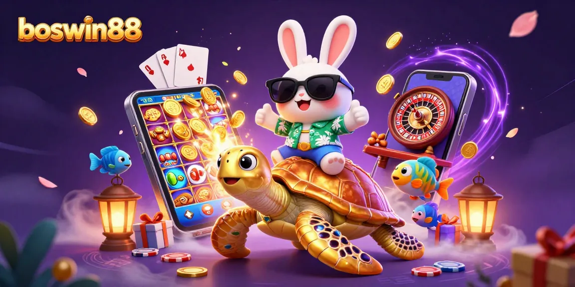 Gambarkan boswin88 dengan slot game dan simbola keberuntungan di dunia permainan online.