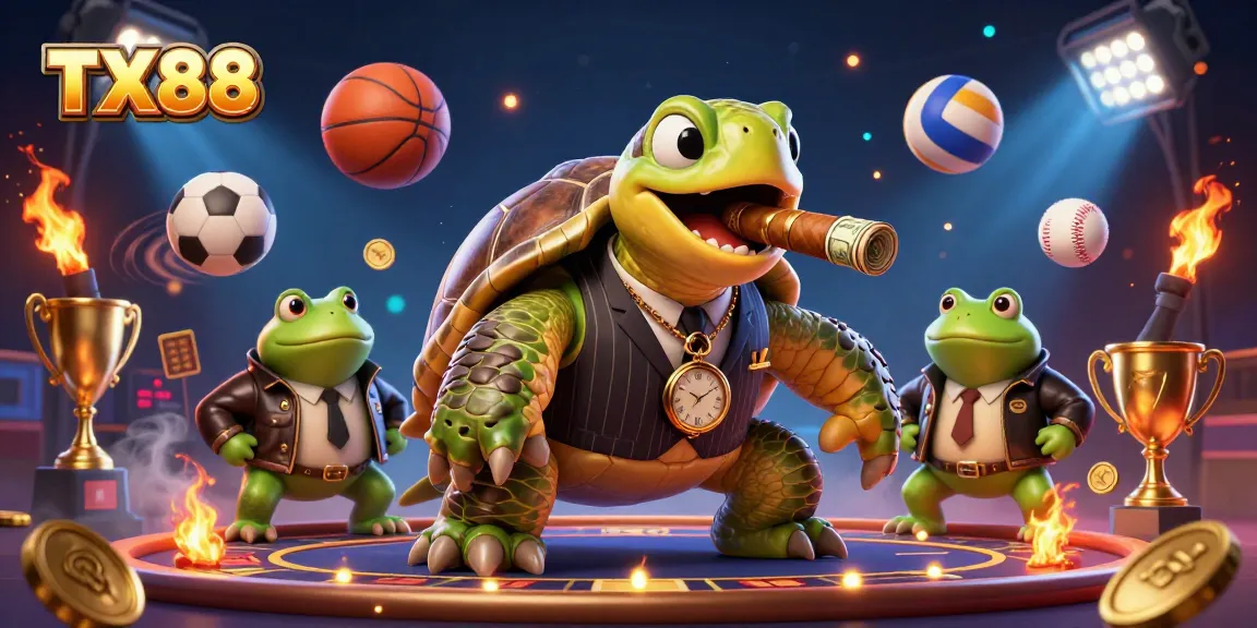 TX88 features a snapping turtle in a mobster suit, surrounded by sports elements, celebrating gambling excitement.