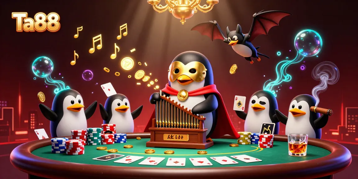 Experience the excitement at Ta88, as a phantom penguin plays the organ amidst golden coins and poker chips.
