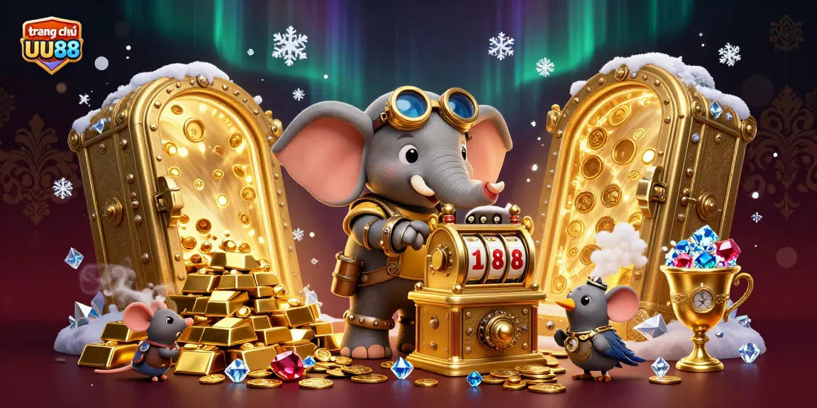 Engage in thrilling slots at trang chủ UU88 with a dynamic steampunk scene full of treasures and excitement.