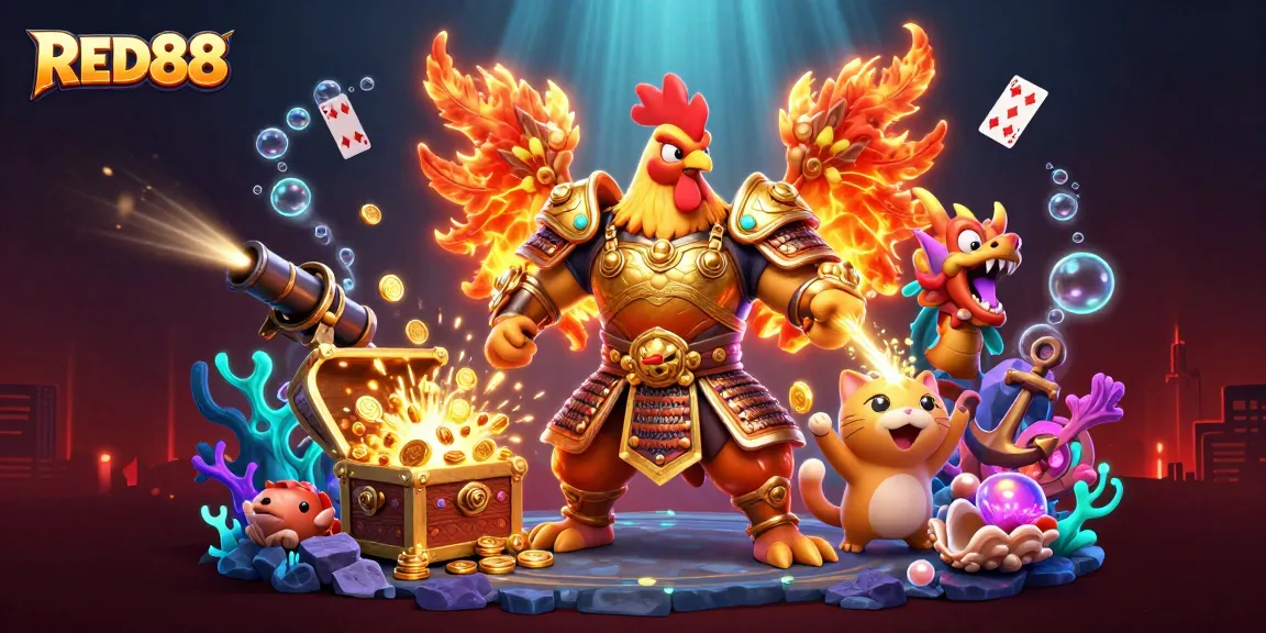 Experience thrilling wins at RED88 with powerful characters in a vibrant casino battle scene.