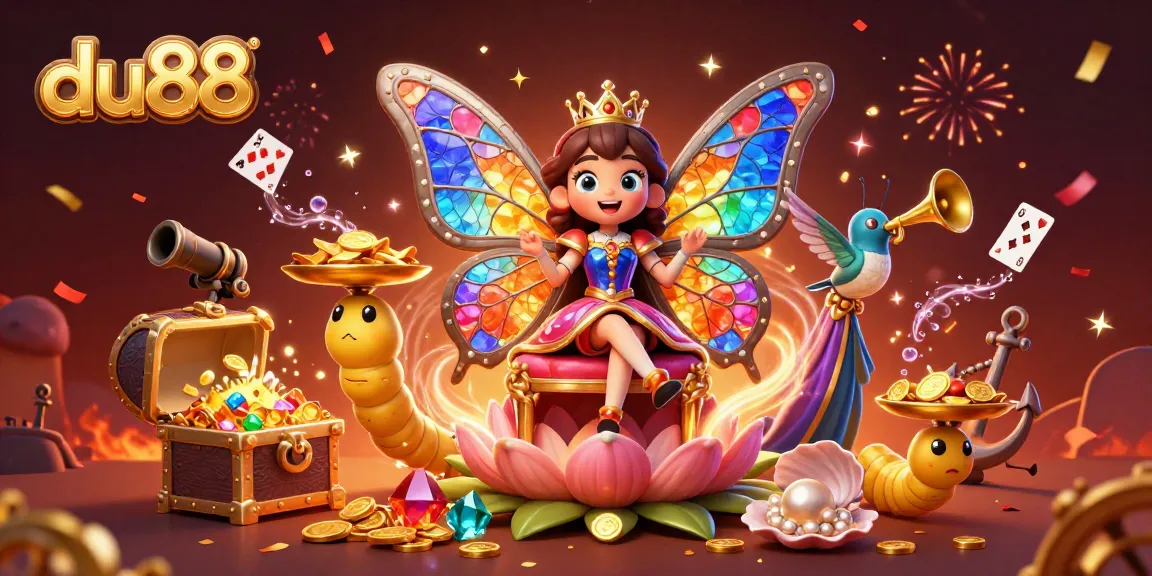 Engage in thrilling gameplay at du88 with a vibrant illustration of a butterfly queen and animated casino elements.