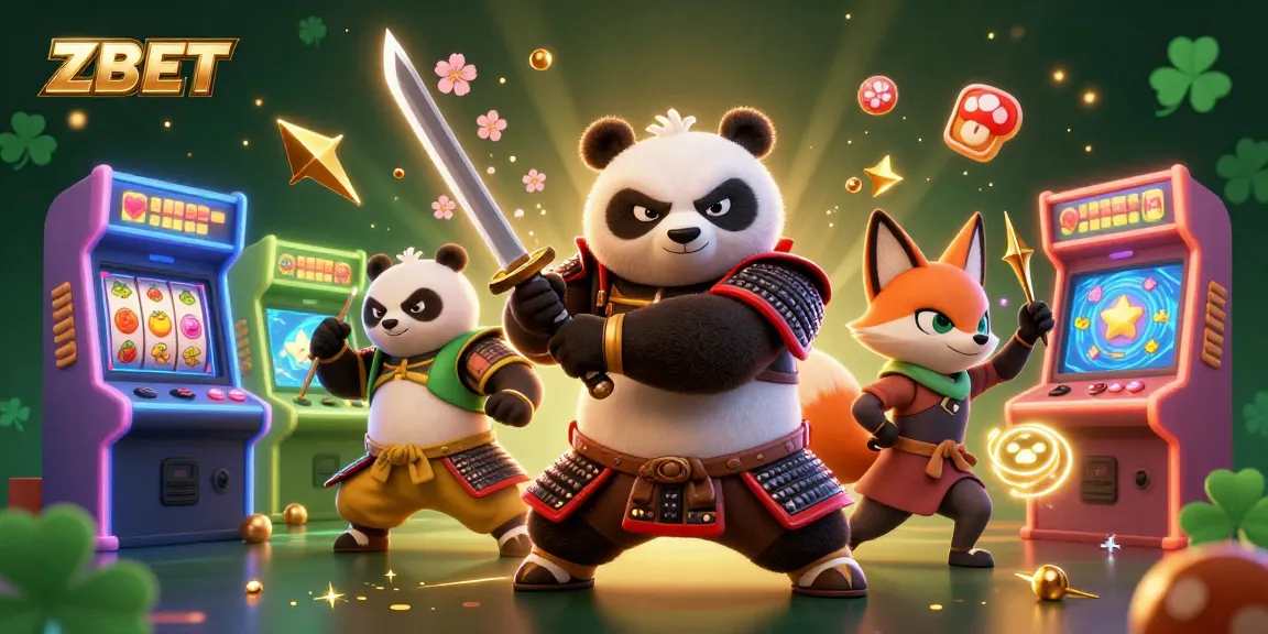 ZBET showcases a vibrant scene with a samurai panda, ninja fox, and tanuki in an engaging casino setting.