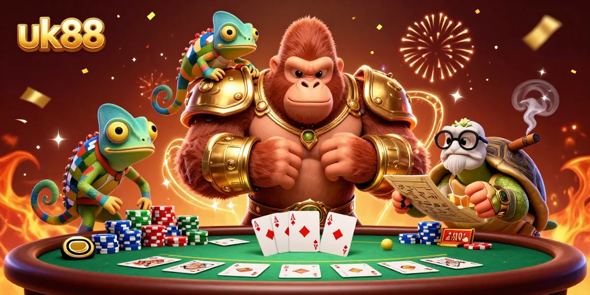 uk88 showcases a vibrant casino scene with characters celebrating over poker gameplay and dynamic decorations.