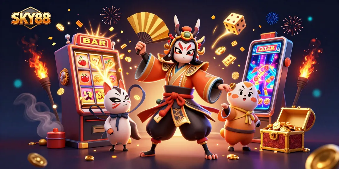 Experience thrilling gaming at SKY88 with a dynamic 3D illustration of casino characters and excitement.
