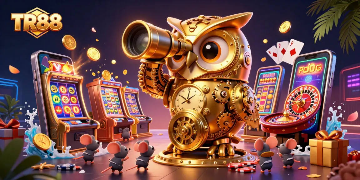 Experience thrilling gameplay with TR88's vibrant casino elements and golden owl mascot.