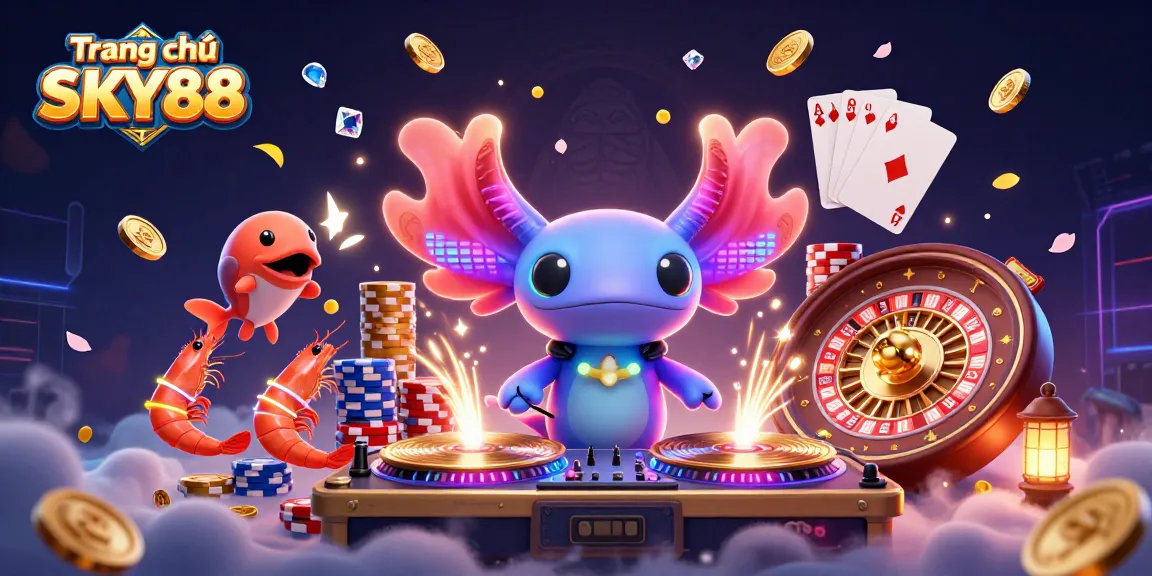 Engage in thrilling action at Trang chủ SKY88 with vibrant characters like a DJ axolotl and energetic shrimp in a rich casino scene.