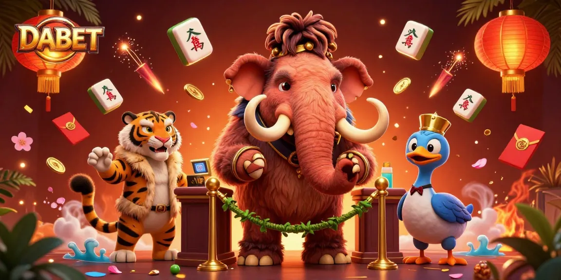 DABET offers an entertaining casino experience illustrated with a vibrant woolly mammoth bouncer scene.