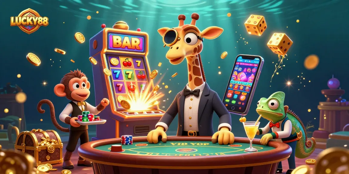 Experience the thrill at LUCKY88 with a vibrant casino scene filled with characters and gaming elements.