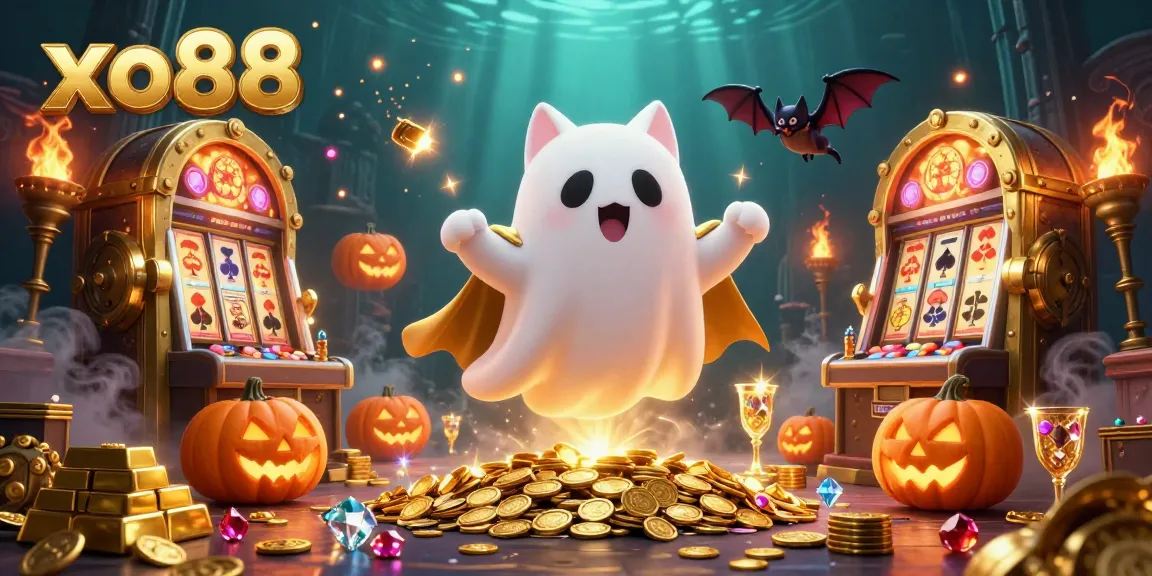Experience the thrill of the xo88 haunted casino with a ghost cat and bat accomplice amidst glowing treasures.